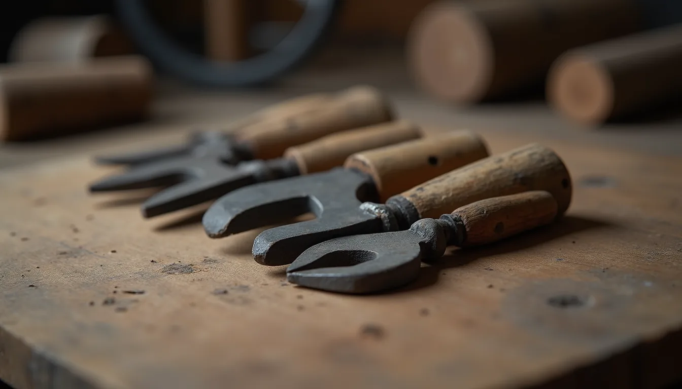 Eye-level view of a set of manual industrial tools on a wooden surface