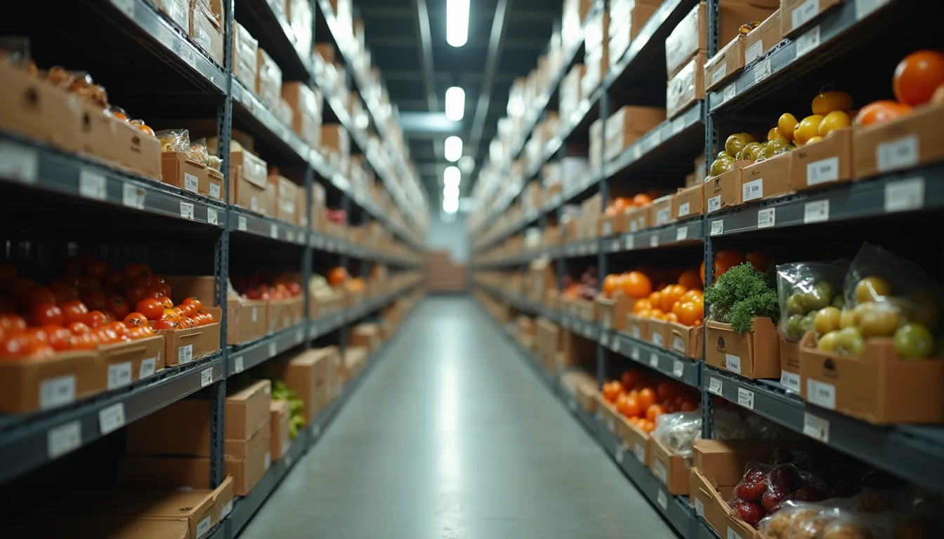 Vista a nivel de estanterías con productos frescos en un almacén